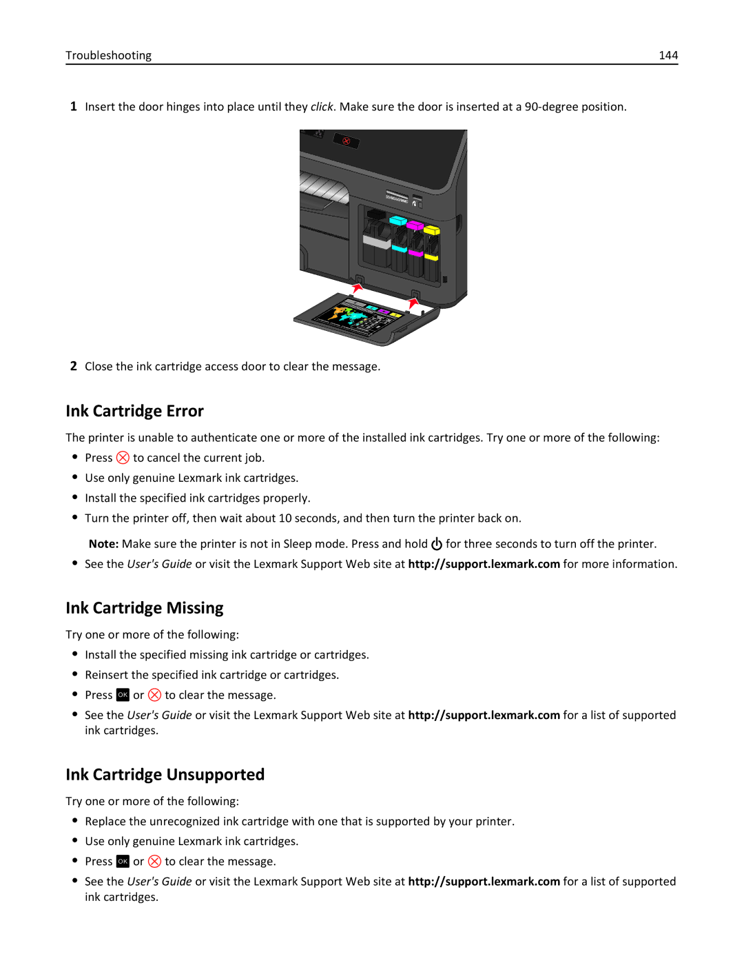 Lexmark PRO4000C, 90P3000 manual Ink Cartridge Error, Ink Cartridge Missing, Ink Cartridge Unsupported 