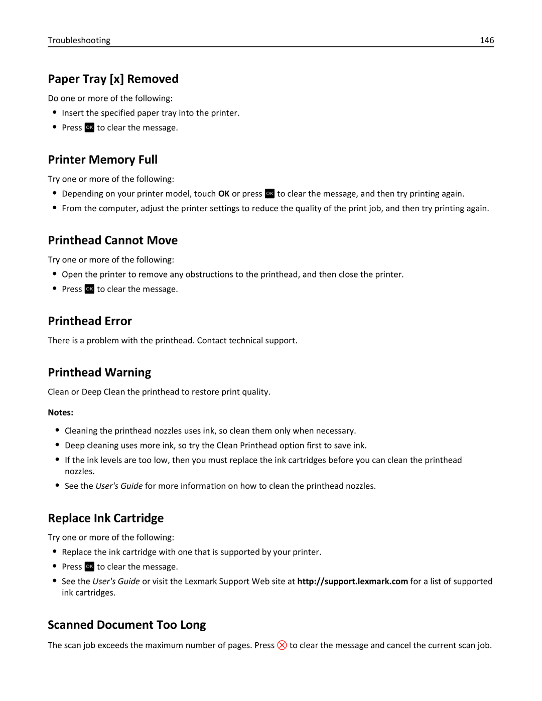 Lexmark 90P3000 manual Paper Tray x Removed, Printer Memory Full, Printhead Cannot Move, Printhead Error, Printhead Warning 