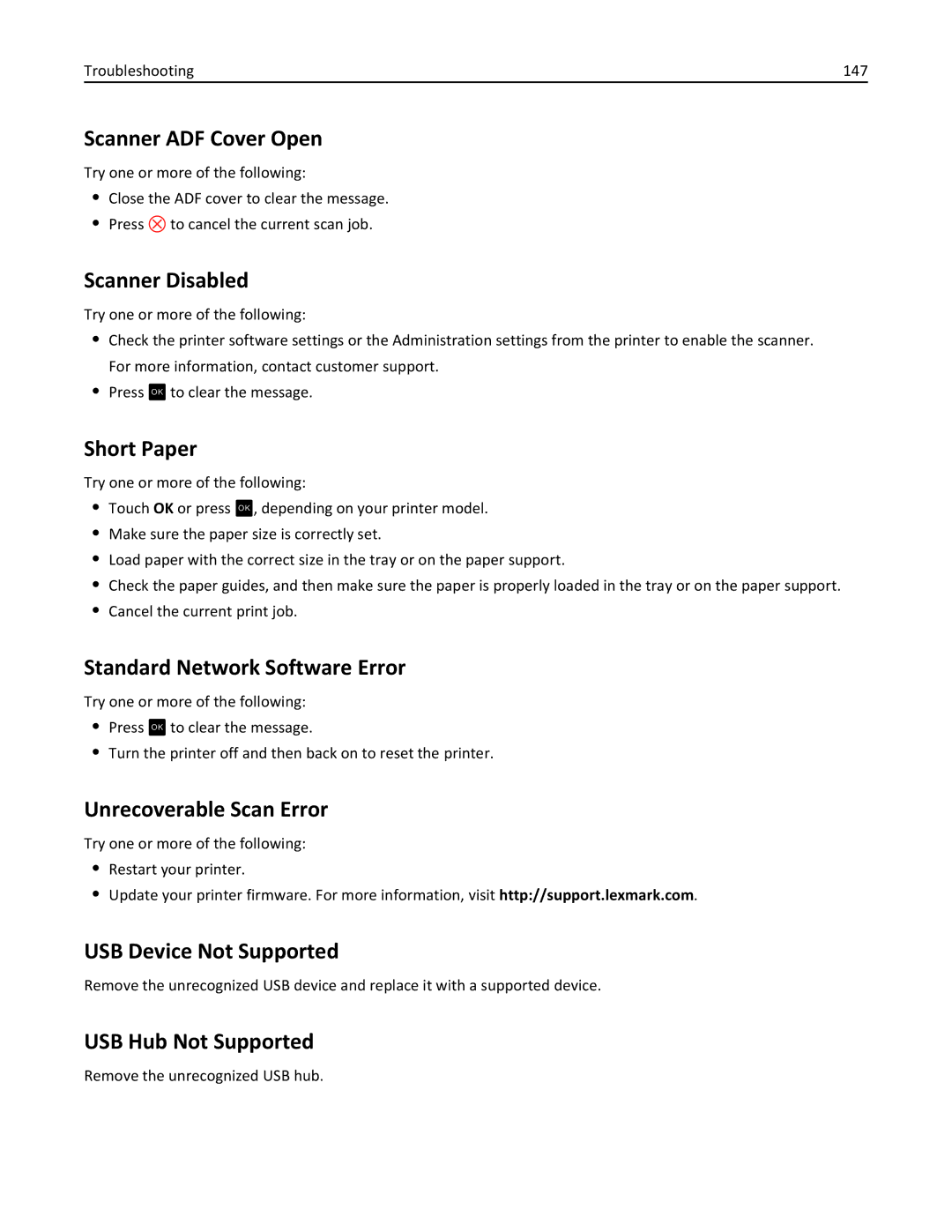 Lexmark PRO4000C, 90P3000 manual Scanner ADF Cover Open, Scanner Disabled, Short Paper, Standard Network Software Error 
