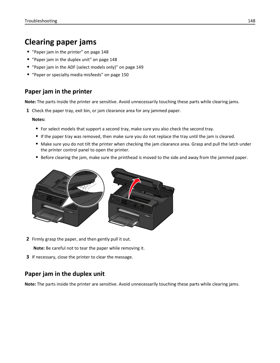 Lexmark PRO4000C, 90P3000 manual Clearing paper jams, Paper jam in the printer, Paper jam in the duplex unit 