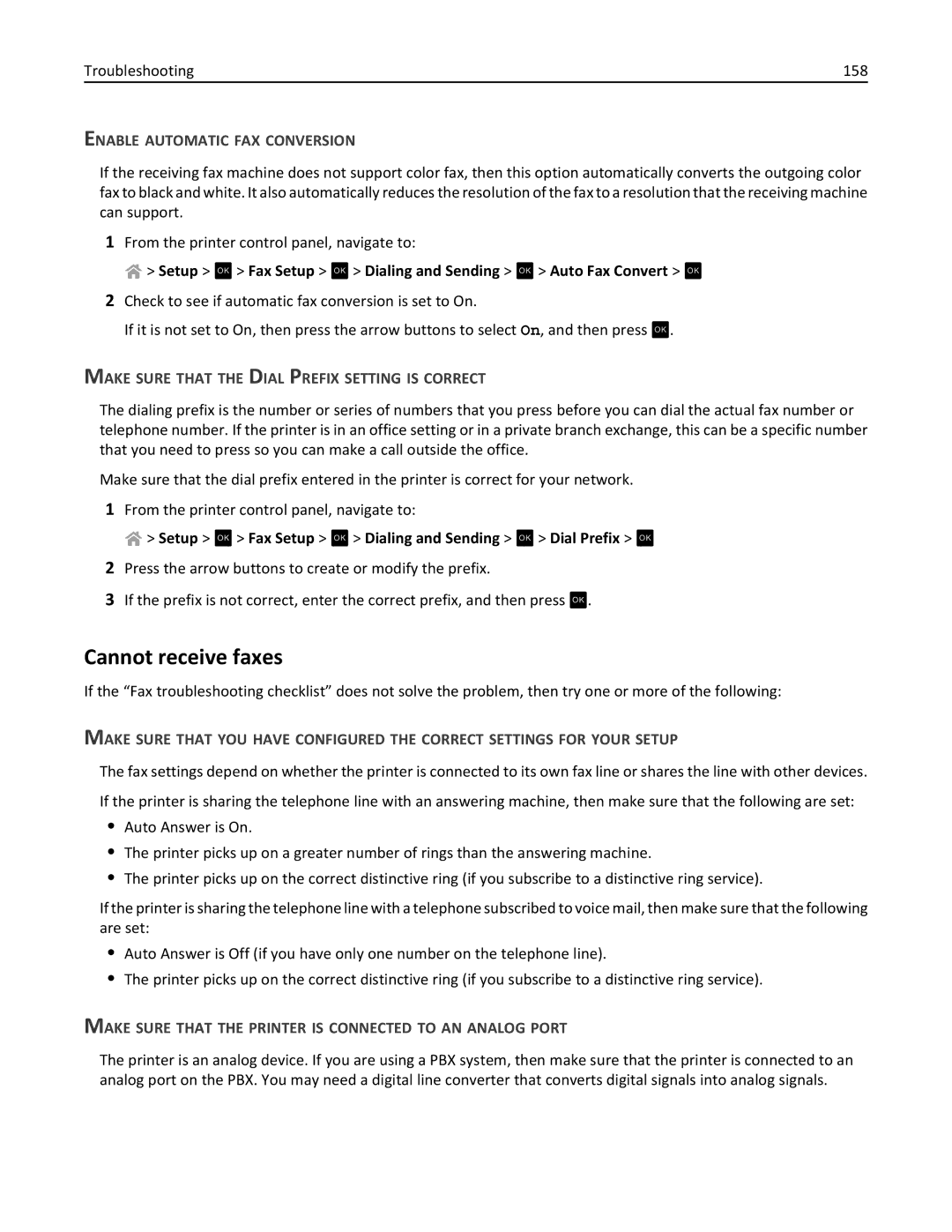 Lexmark 90P3000 Cannot receive faxes, Enable Automatic FAX Conversion, Make Sure That the Dial Prefix Setting is Correct 