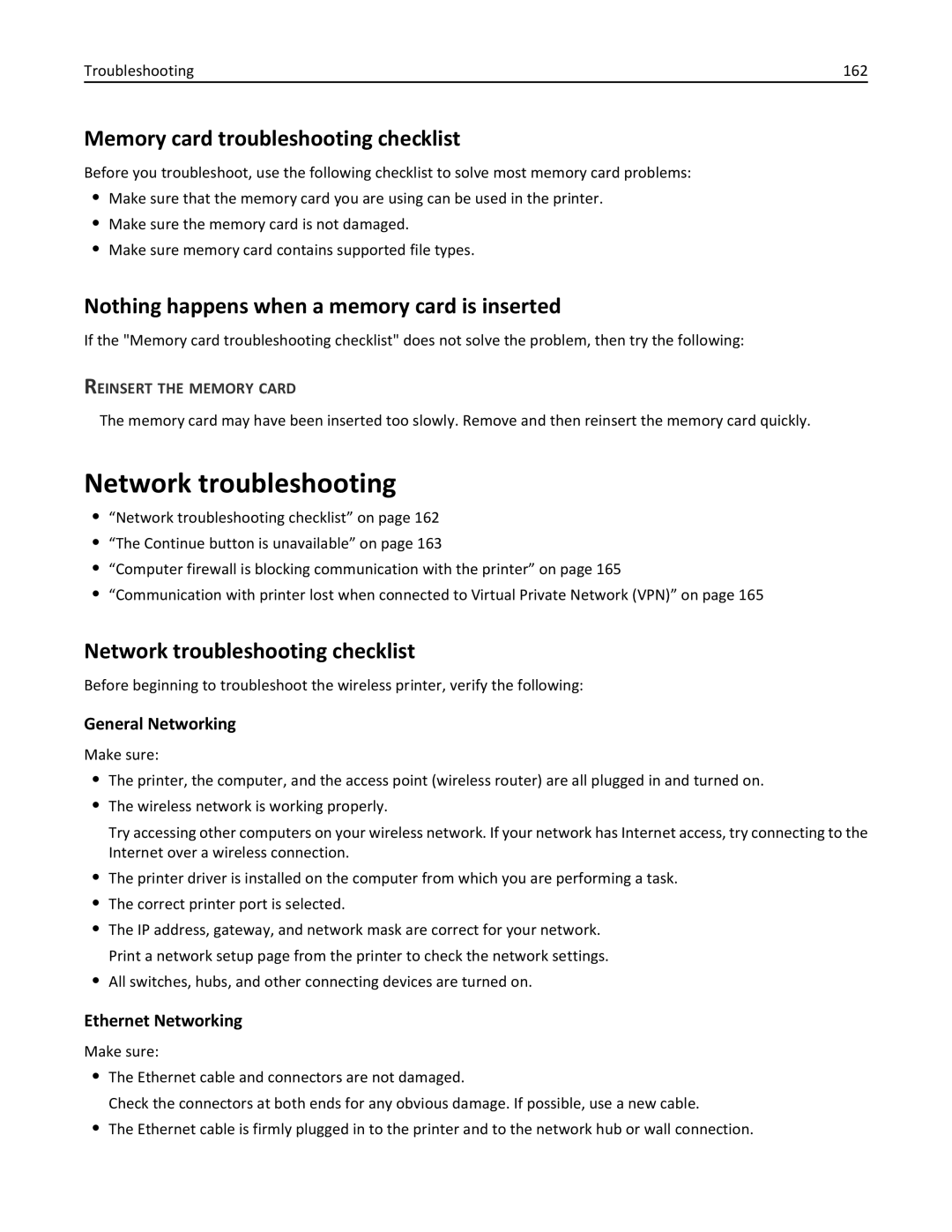 Lexmark PRO4000C, 90P3000 manual Memory card troubleshooting checklist, Network troubleshooting checklist 