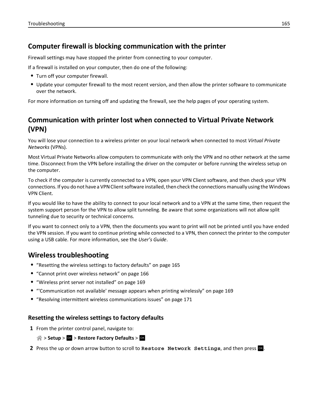 Lexmark PRO4000C, 90P3000 manual Wireless troubleshooting, Resetting the wireless settings to factory defaults 