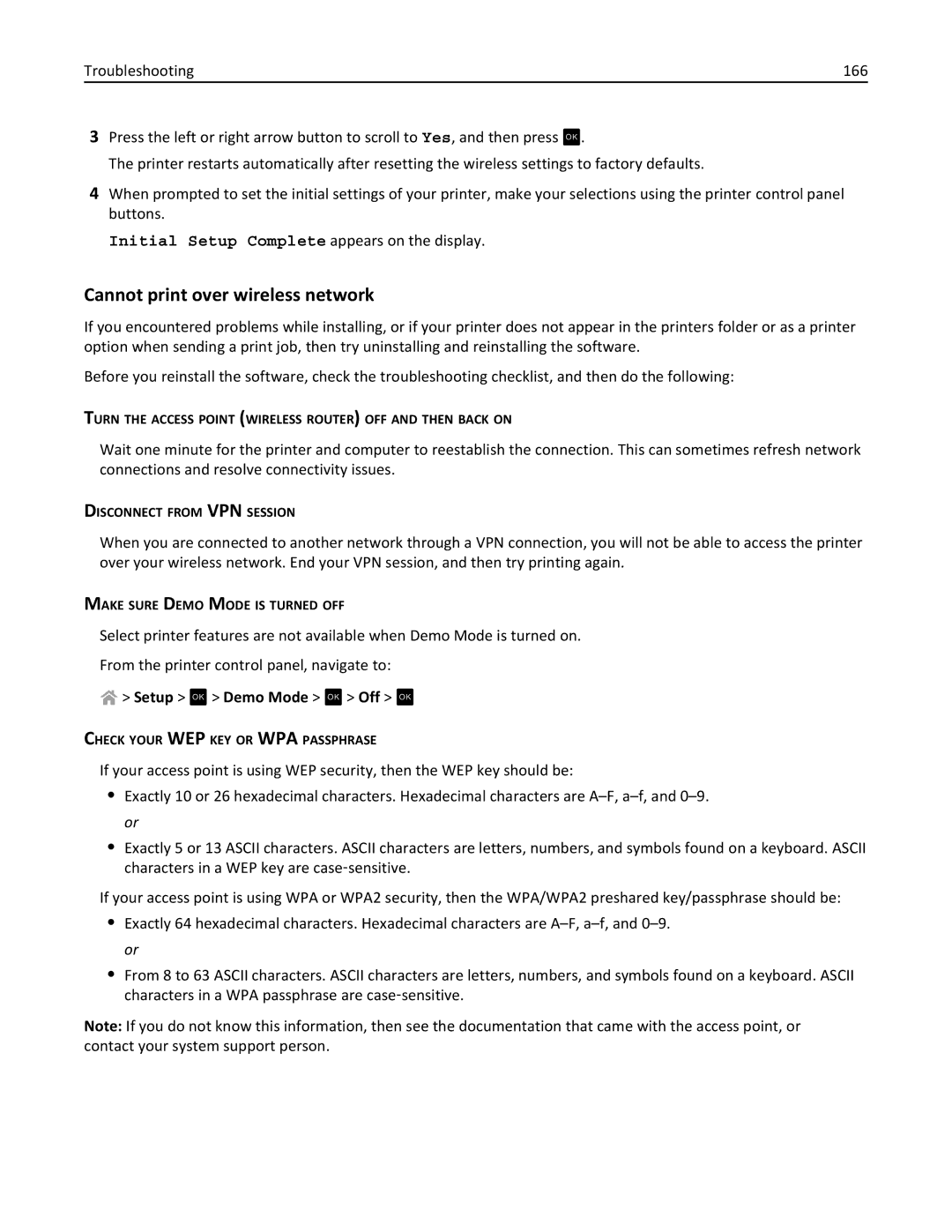 Lexmark PRO4000C, 90P3000 manual Cannot print over wireless network, Setup OK Demo Mode OK Off OK 