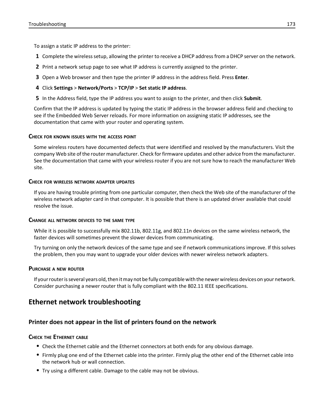 Lexmark 90P3000, PRO4000C manual Ethernet network troubleshooting, Click Settings Network/Ports TCP/IP Set static IP address 