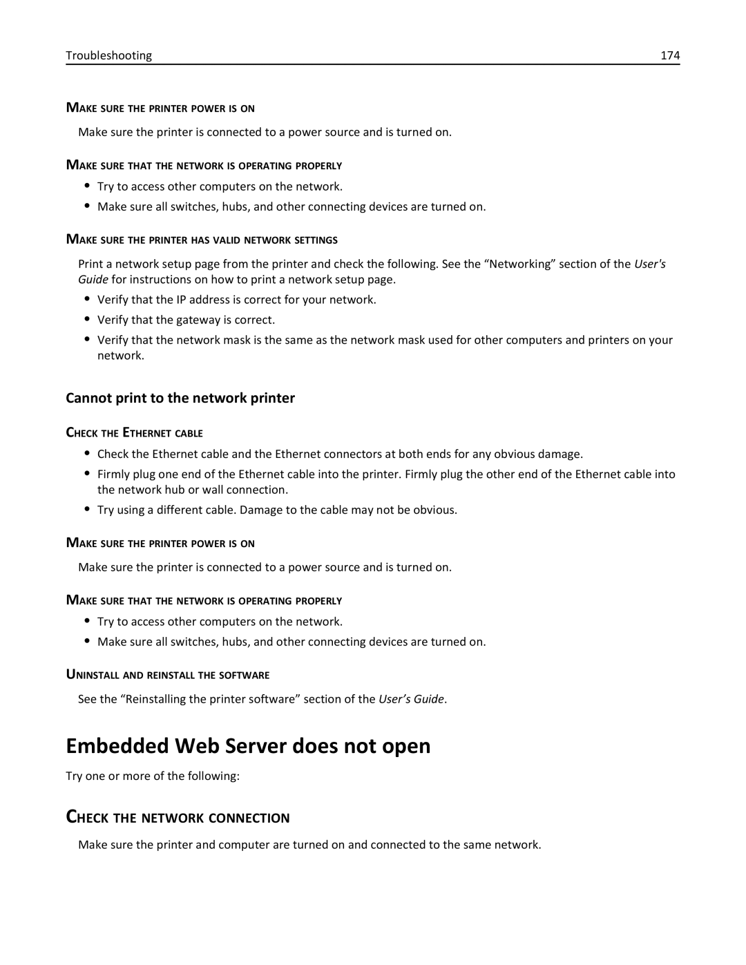 Lexmark PRO4000C, 90P3000 manual Embedded Web Server does not open, Cannot print to the network printer 