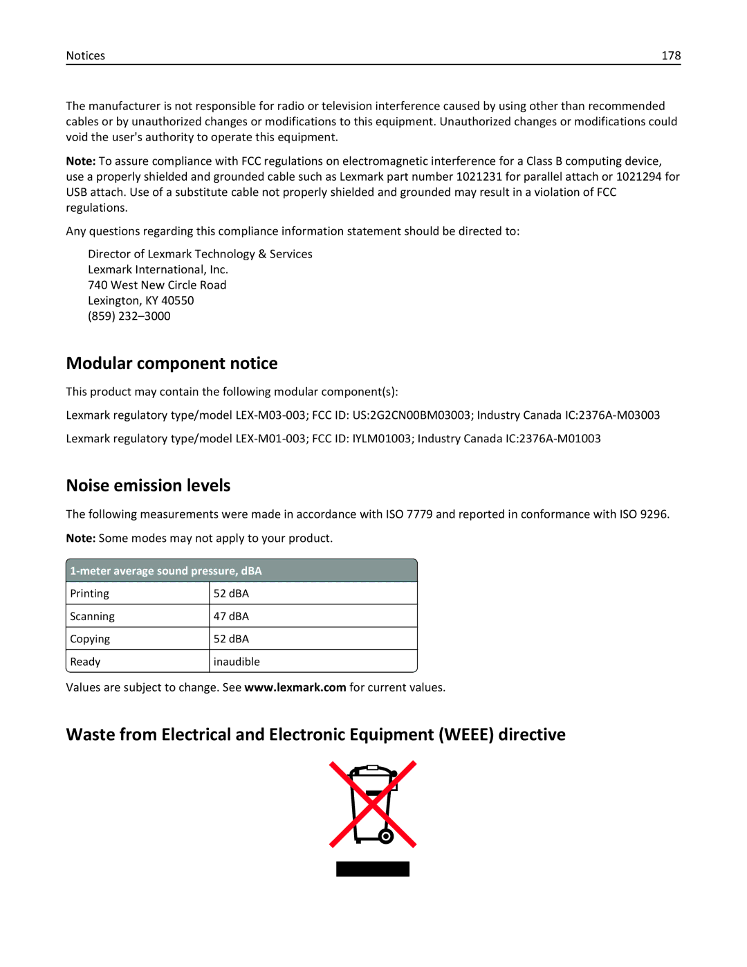 Lexmark PRO4000C, 90P3000 manual Modular component notice, Noise emission levels, Meter average sound pressure, dBA 