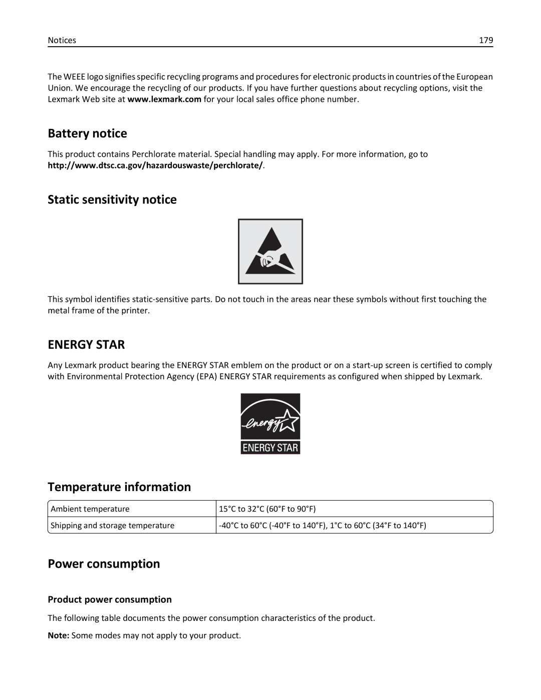 Lexmark 90P3000, PRO4000C manual Battery notice Static sensitivity notice, Temperature information, Power consumption 