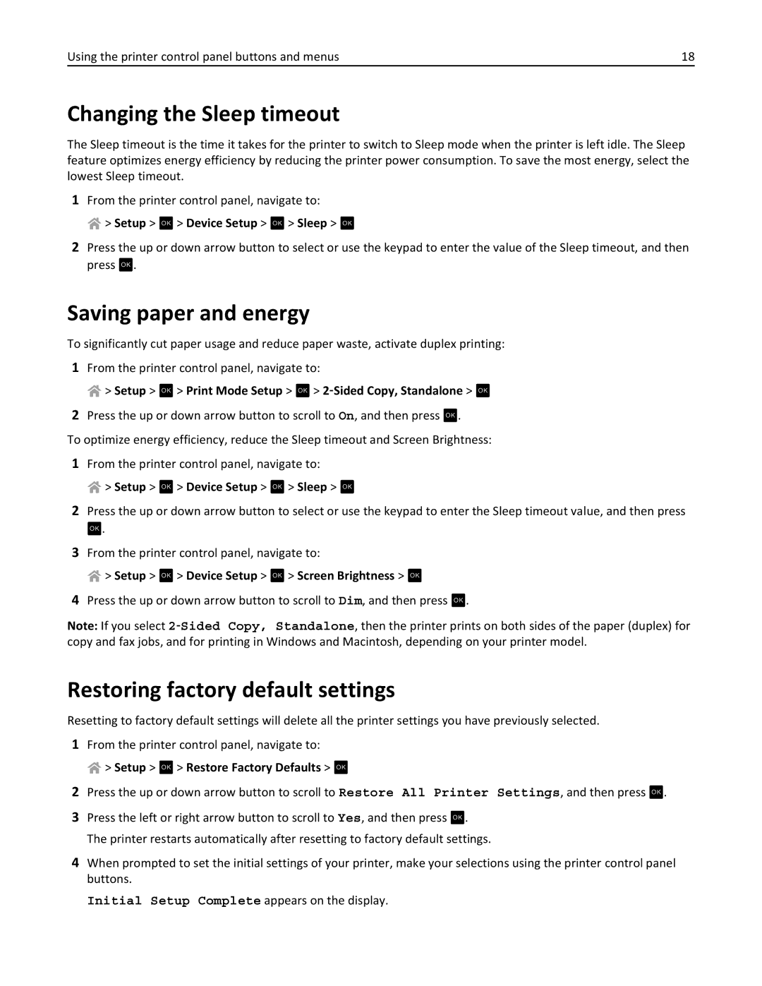 Lexmark PRO4000C, 90P3000 manual Changing the Sleep timeout, Saving paper and energy, Restoring factory default settings 