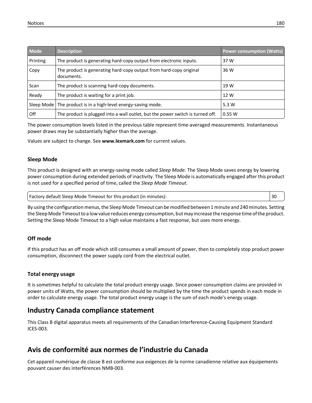 Lexmark PRO4000C Industry Canada compliance statement, Avis de conformité aux normes de l’industrie du Canada, Sleep Mode 