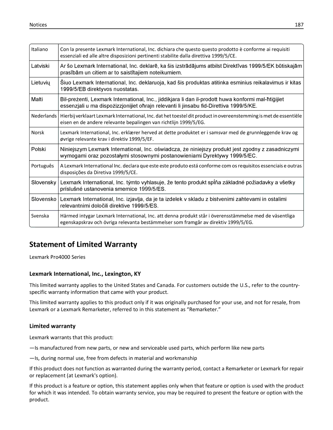 Lexmark PRO4000C, 90P3000 Statement of Limited Warranty, Lexmark International, Inc., Lexington, KY, Limited warranty 