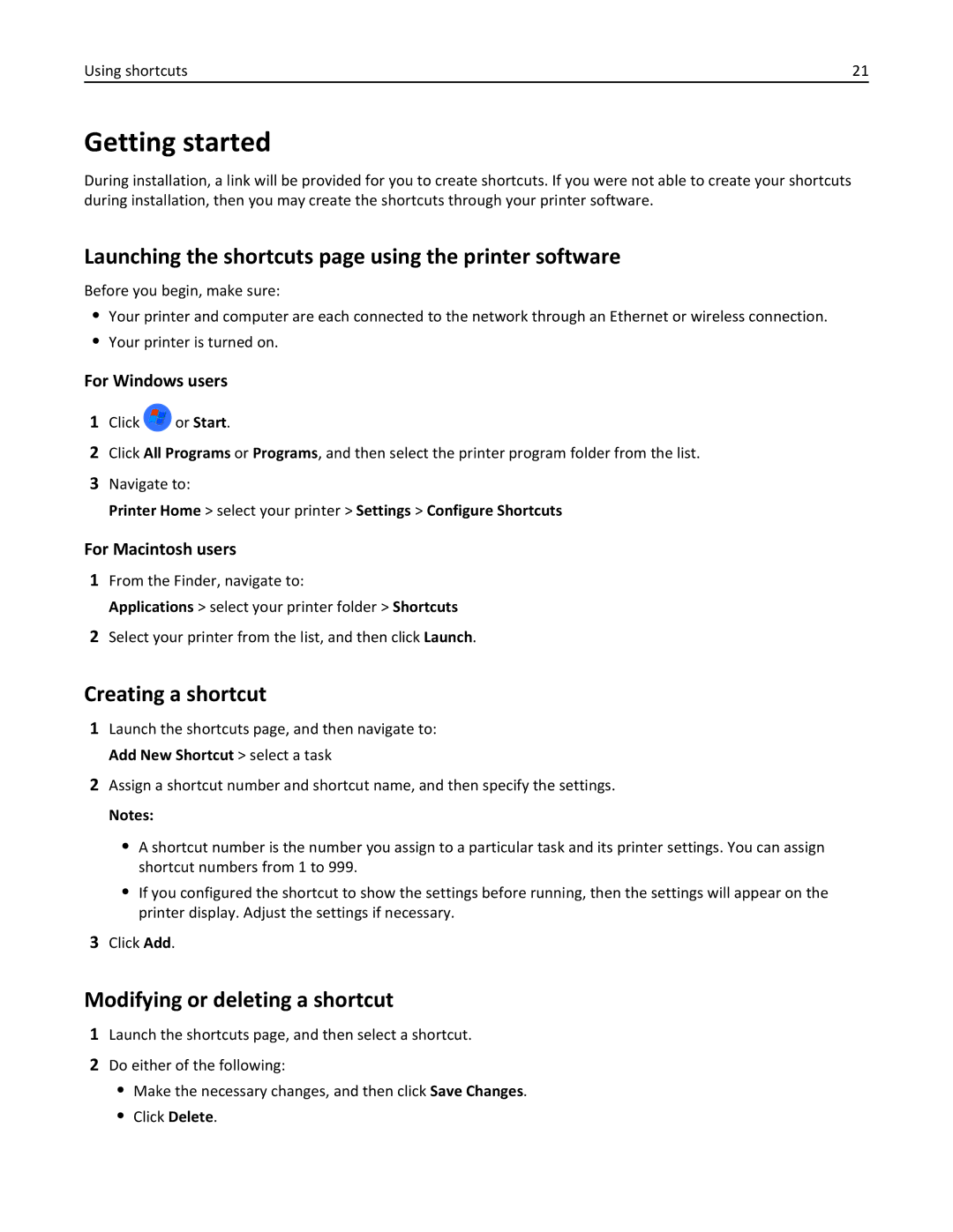 Lexmark PRO4000C, 90P3000 Getting started, Launching the shortcuts page using the printer software, Creating a shortcut 