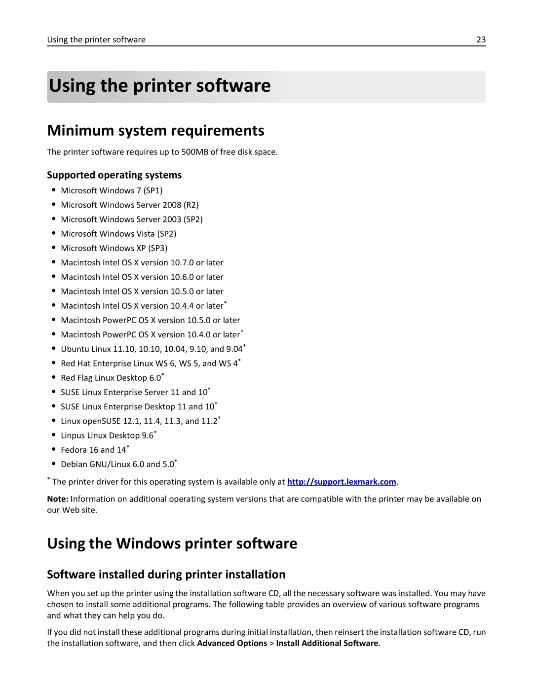 Lexmark 90P3000, PRO4000C manual Using the printer software, Minimum system requirements, Using the Windows printer software 