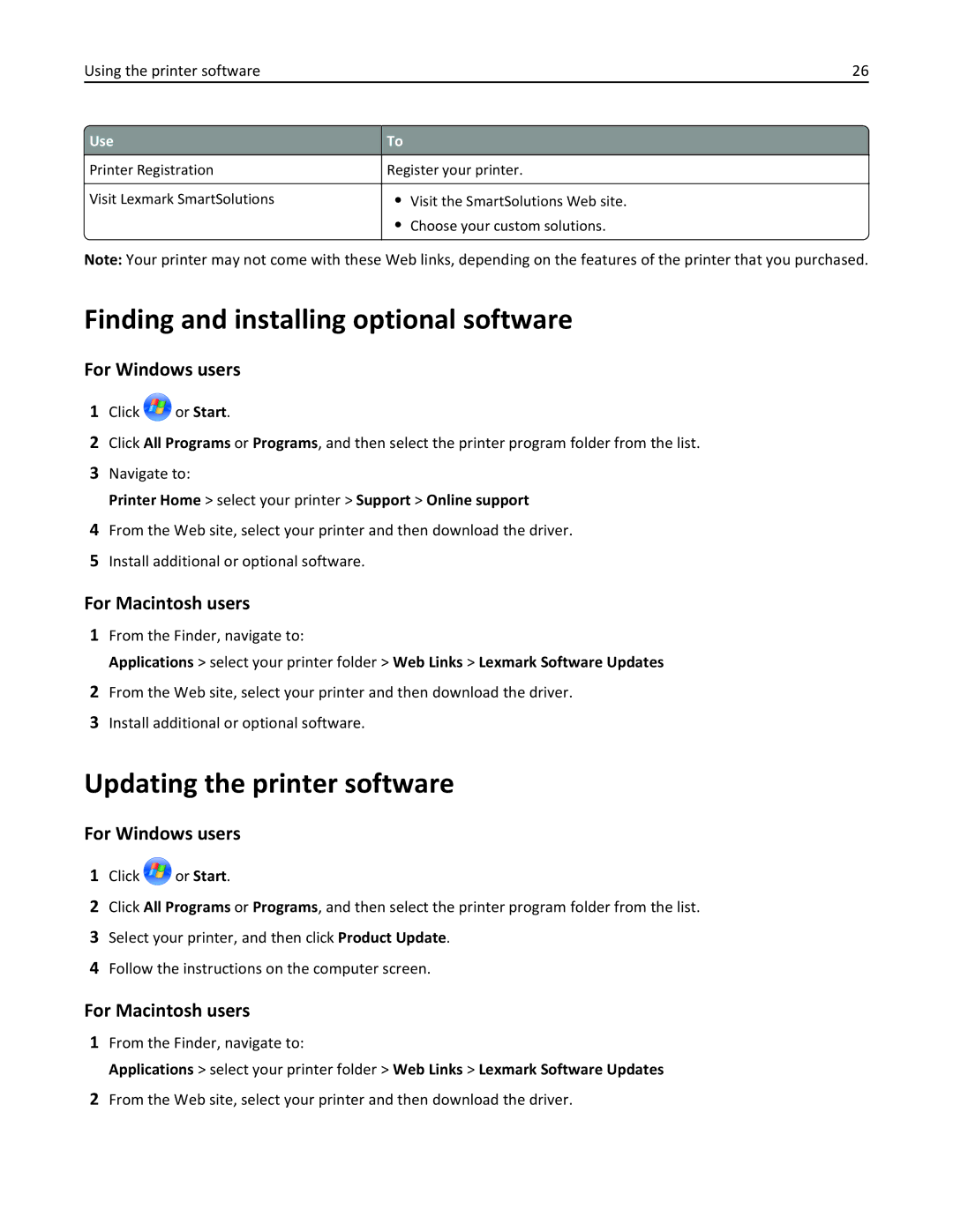 Lexmark 90P3000, PRO4000C manual Finding and installing optional software, Updating the printer software, For Windows users 