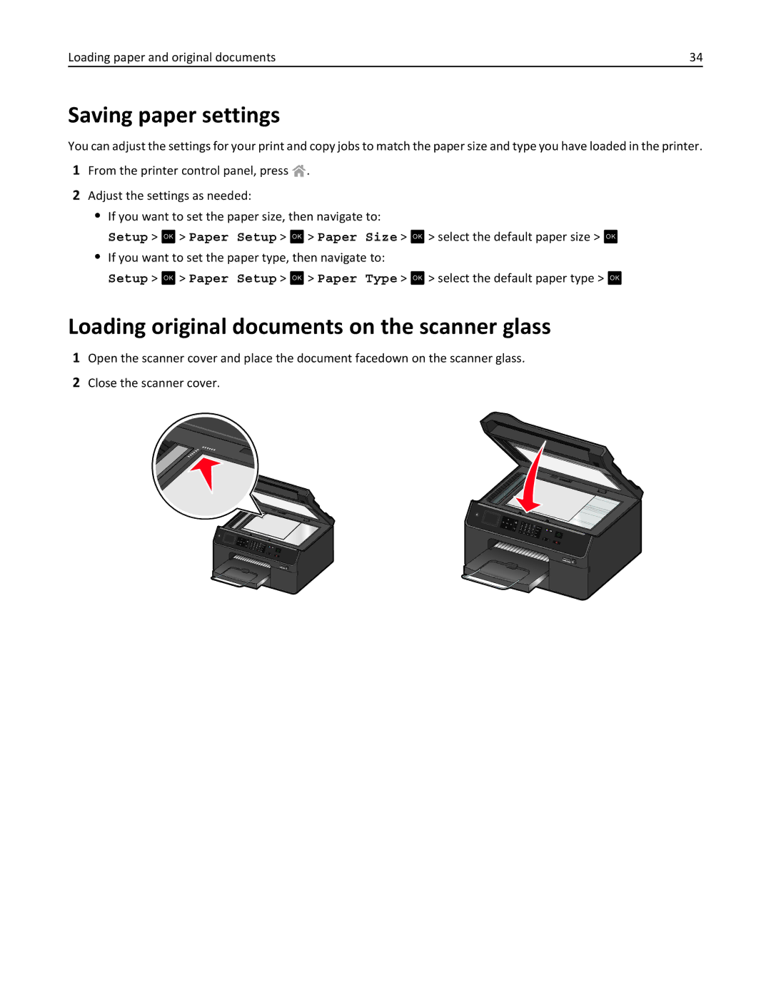 Lexmark PRO4000C, 90P3000 manual Saving paper settings, Loading original documents on the scanner glass 