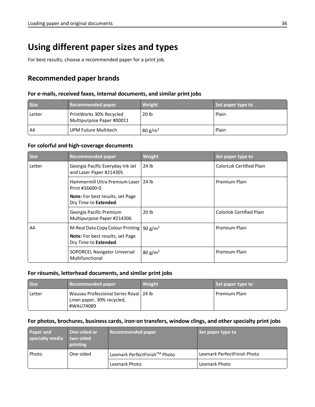 Lexmark PRO4000C Using different paper sizes and types, Recommended paper brands, For colorful and high‑coverage documents 