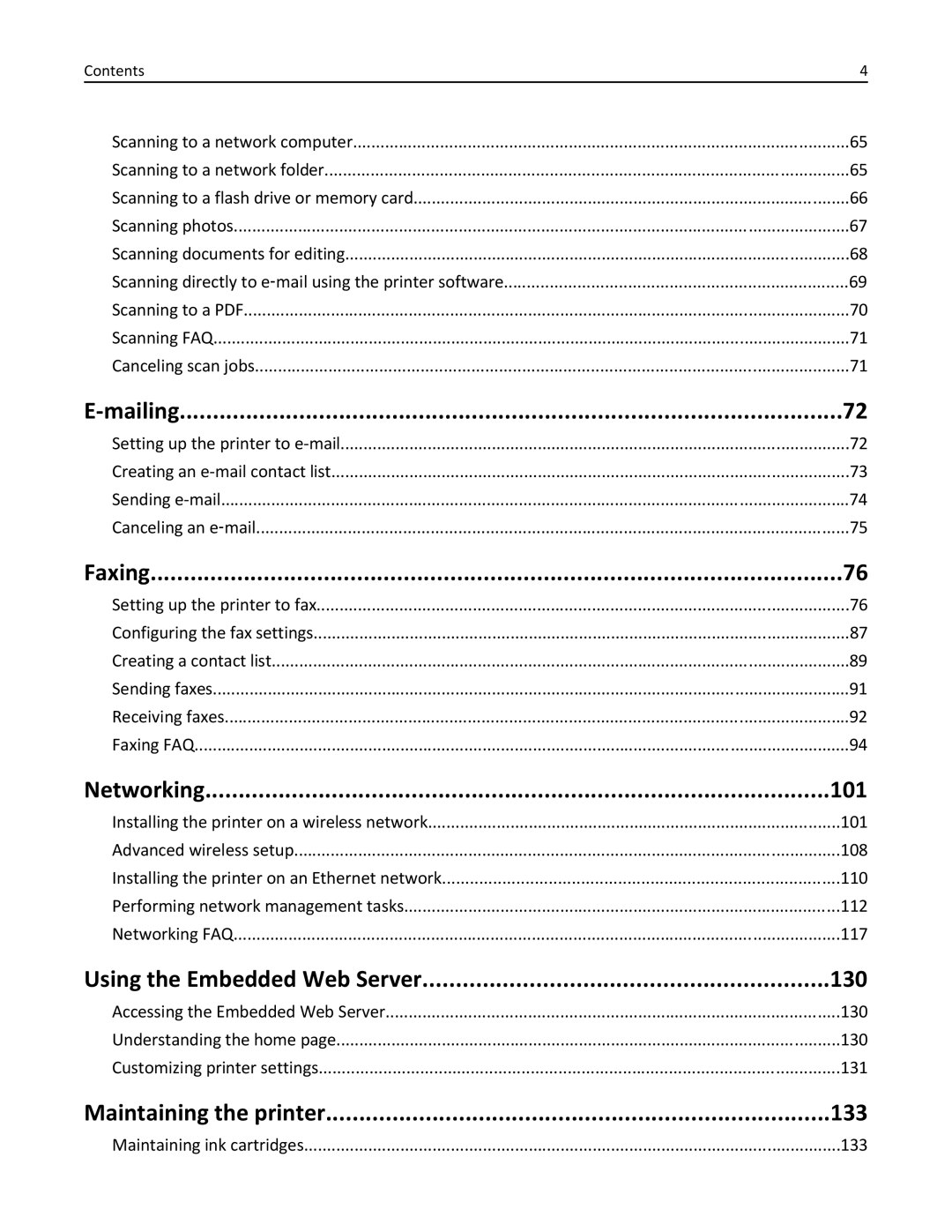 Lexmark PRO4000C manual Mailing, Faxing, Networking 101, Using the Embedded Web Server 130, Maintaining the printer 133 