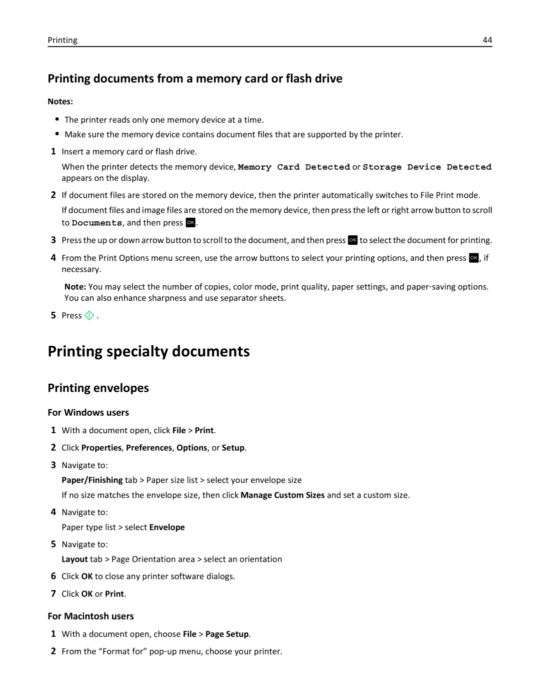 Lexmark 90P3000 Printing specialty documents, Printing documents from a memory card or flash drive, Printing envelopes 