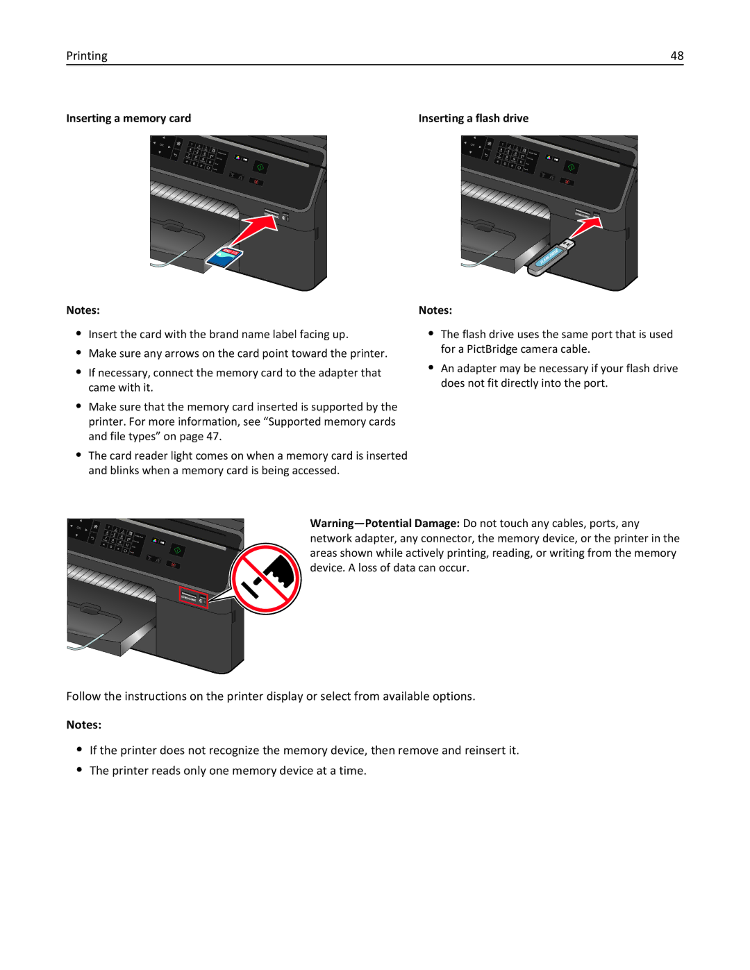 Lexmark PRO4000C, 90P3000 manual Inserting a memory card Inserting a flash drive 