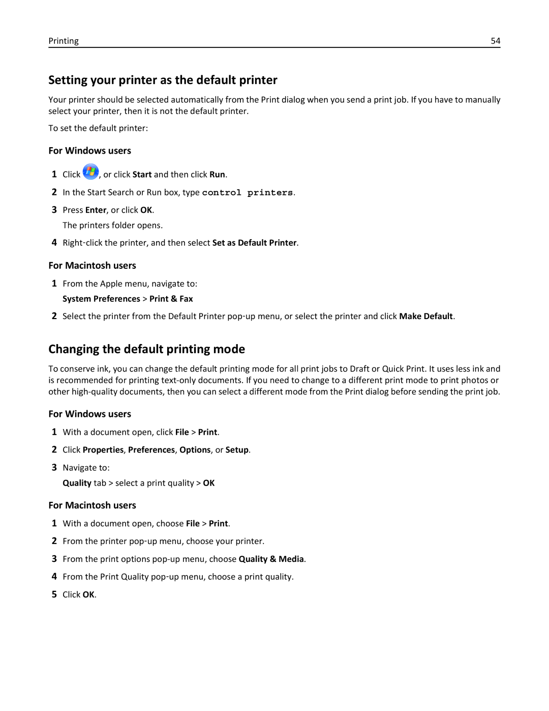 Lexmark PRO4000C, 90P3000 manual Setting your printer as the default printer, Changing the default printing mode 