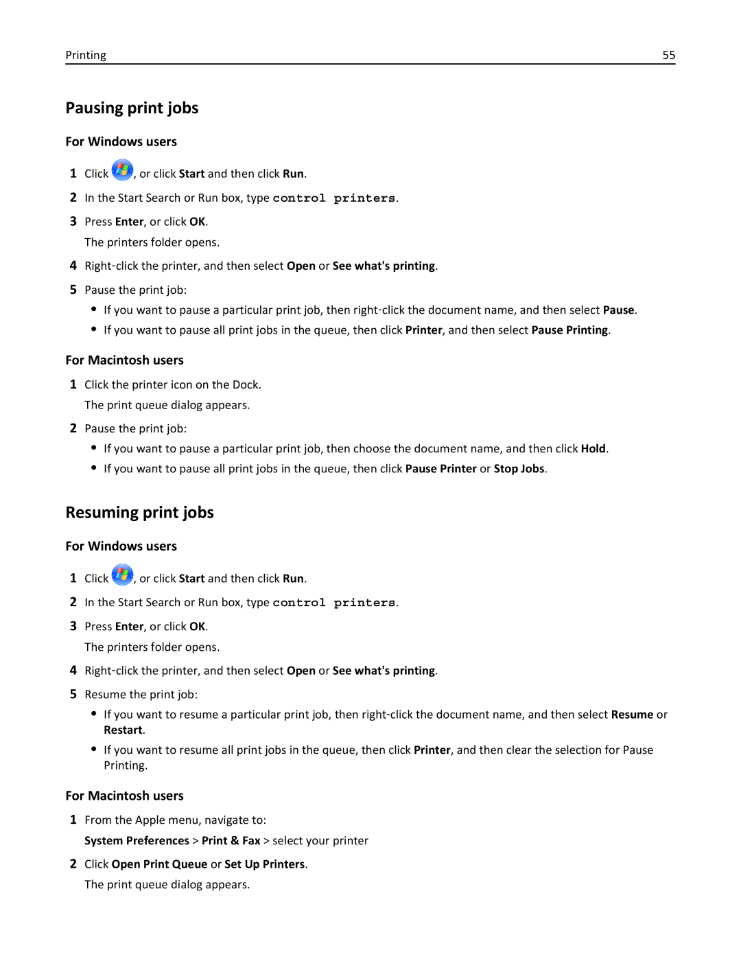 Lexmark PRO4000C, 90P3000 manual Pausing print jobs, Resuming print jobs 