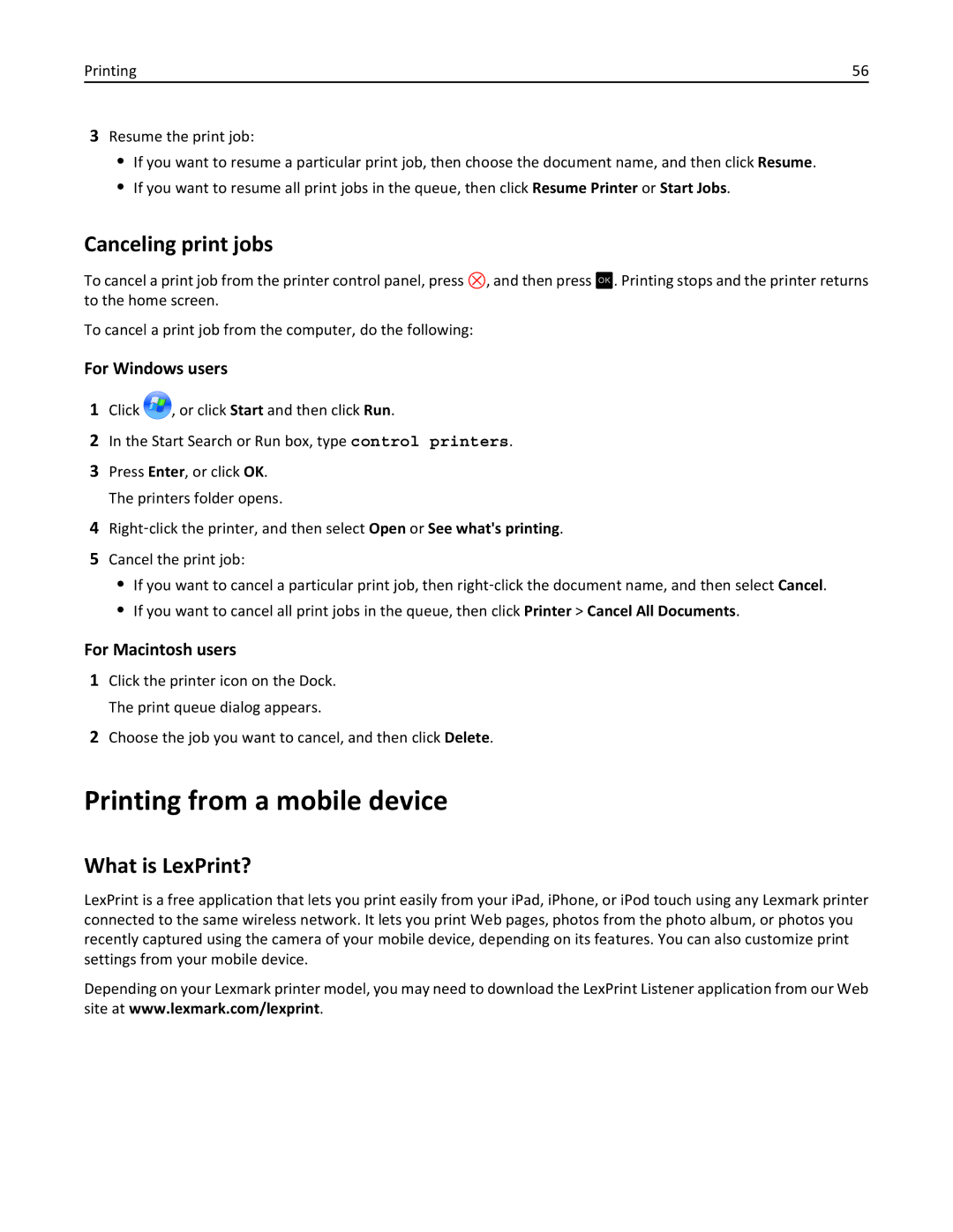 Lexmark 90P3000, PRO4000C manual Printing from a mobile device, Canceling print jobs, What is LexPrint? 