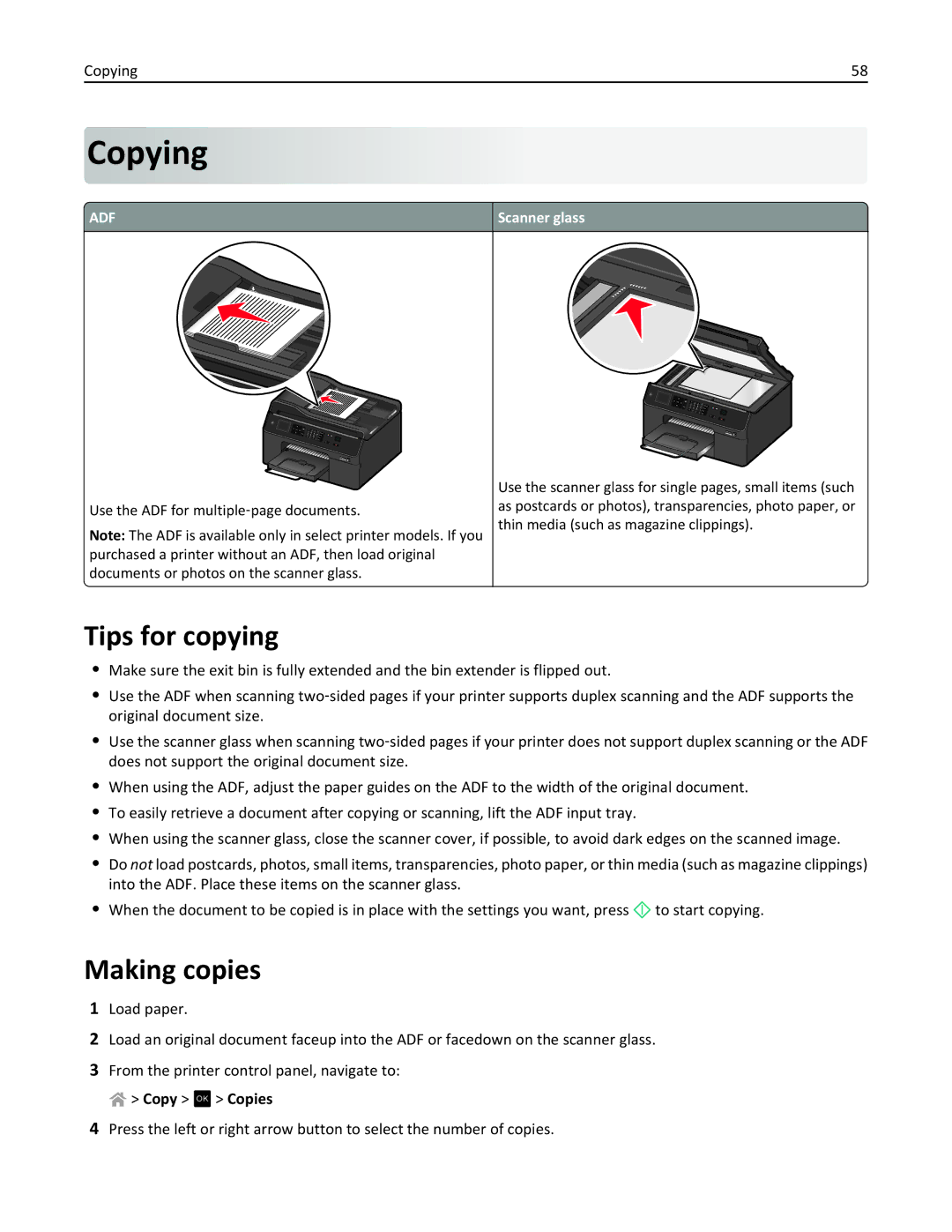 Lexmark PRO4000C, 90P3000 manual Copying, Tips for copying, Making copies, Copy OK Copies, Scanner glass 