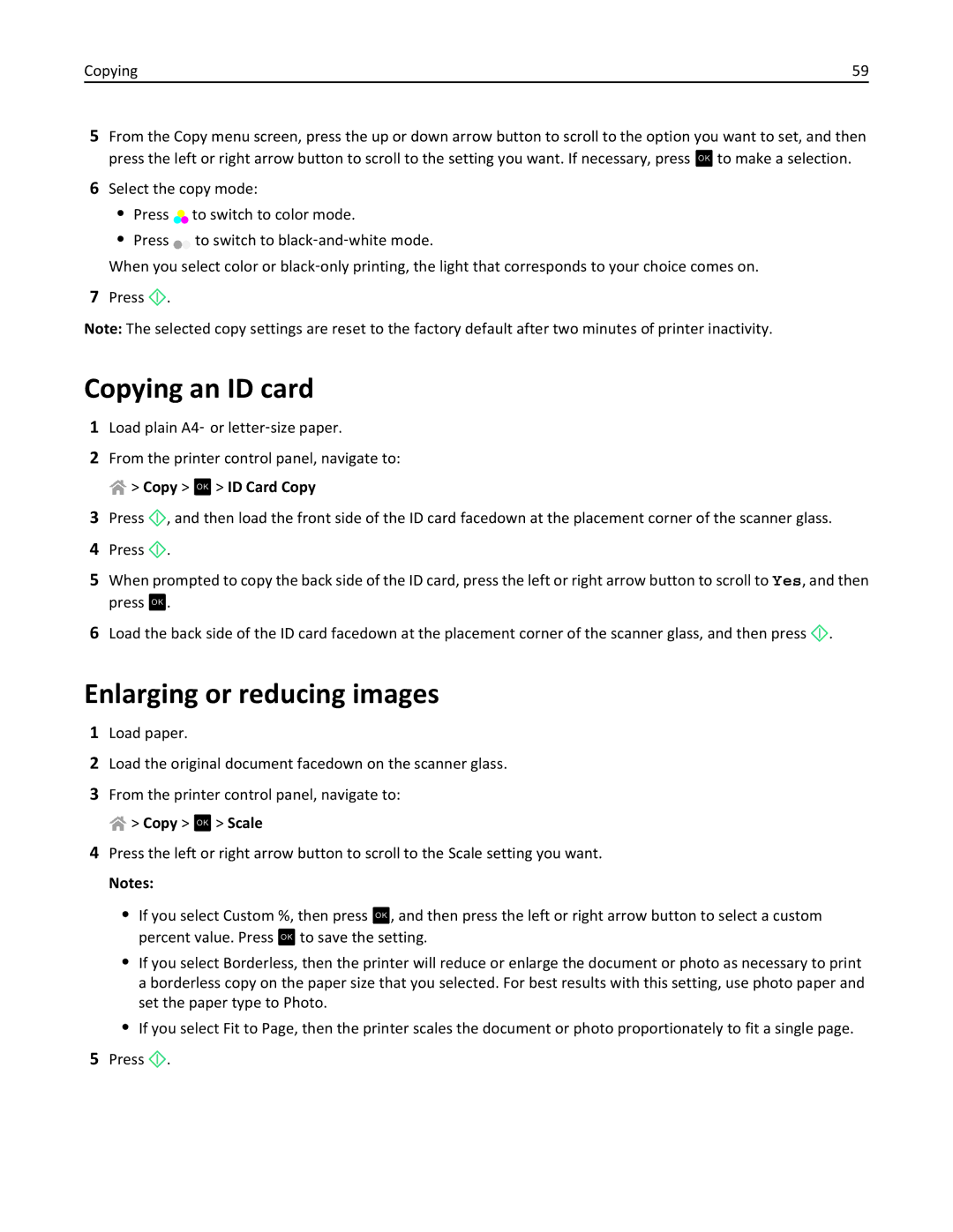 Lexmark 90P3000, PRO4000C manual Copying an ID card, Enlarging or reducing images, Copy OK ID Card Copy, Copy OK Scale 