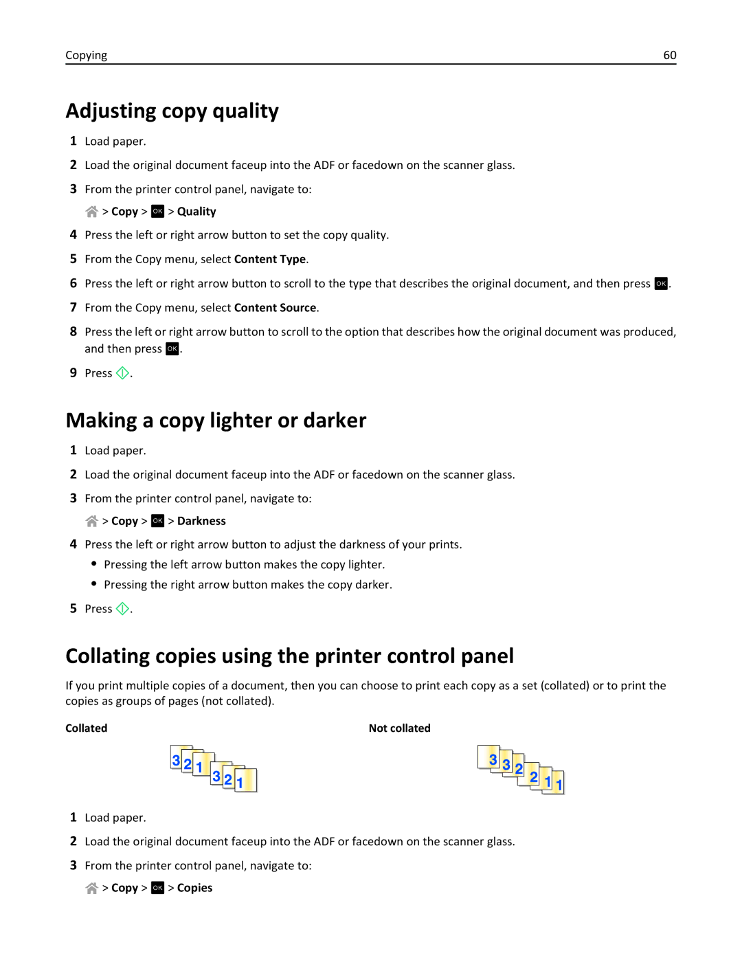 Lexmark PRO4000C Adjusting copy quality, Making a copy lighter or darker, Collating copies using the printer control panel 