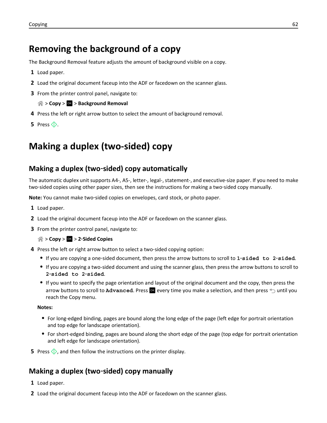 Lexmark 90P3000 Removing the background of a copy, Making a duplex two-sided copy, Making a duplex two‑sided copy manually 