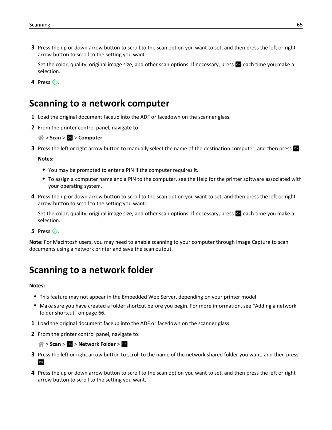 Lexmark 90P3000 Scanning to a network computer, Scanning to a network folder, Scan OK Computer, Scan OK Network Folder OK 