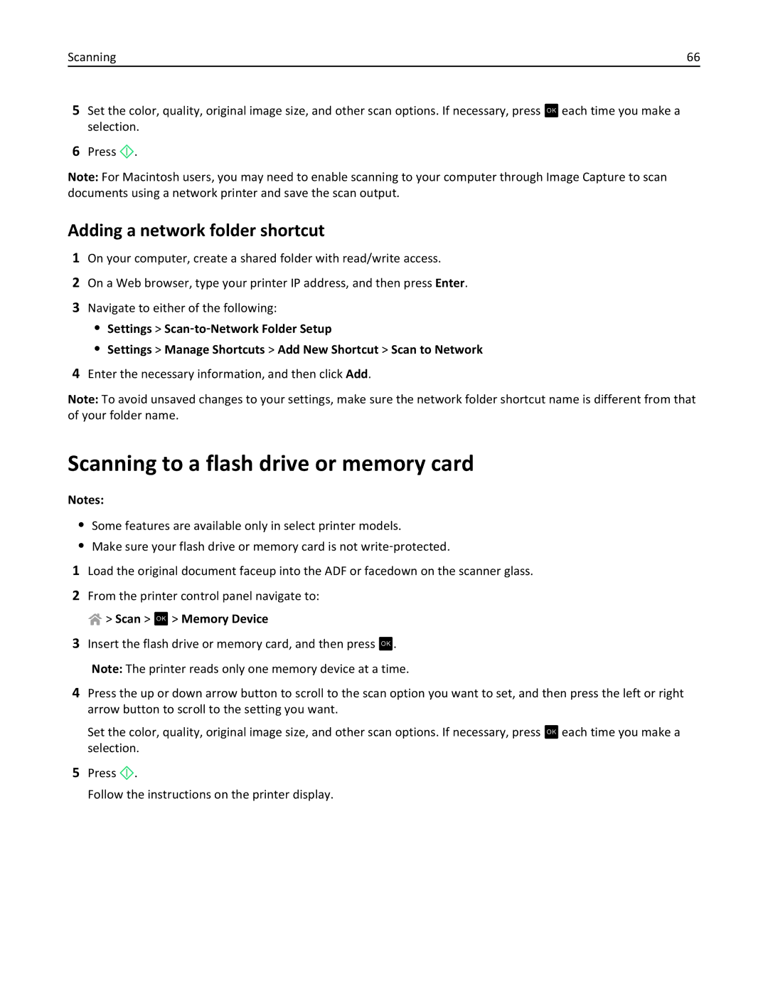 Lexmark PRO4000C manual Scanning to a flash drive or memory card, Adding a network folder shortcut, Scan OK Memory Device 