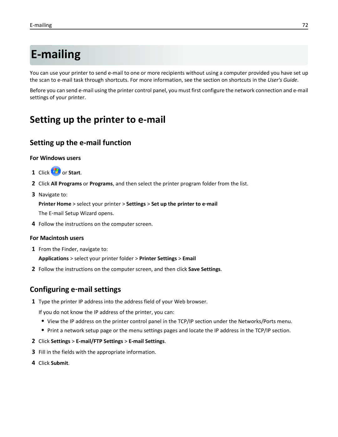 Lexmark PRO4000C Mailing, Setting up the printer to e-mail, Setting up the e-mail function, Configuring e‑mail settings 