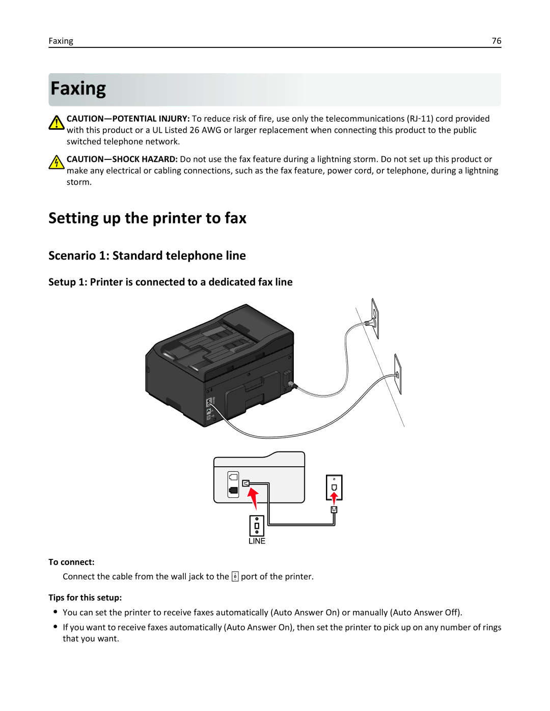 Lexmark PRO4000C, 90P3000 manual Faxing, Setting up the printer to fax, Scenario 1 Standard telephone line 