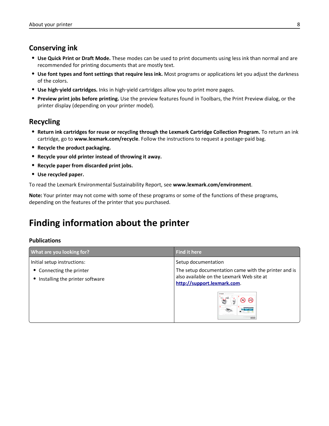 Lexmark 90P3000, PRO4000C manual Finding information about the printer, Conserving ink, Recycling, Publications 