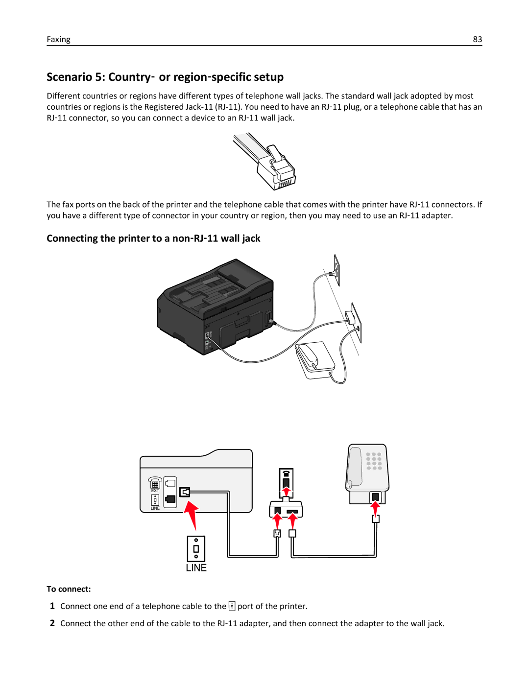 Lexmark 90P3000, PRO4000C Scenario 5 Country‑ or region‑specific setup, Connecting the printer to a non‑RJ‑11 wall jack 