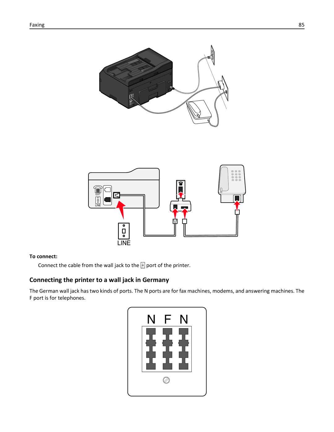 Lexmark PRO4000C, 90P3000 manual Connecting the printer to a wall jack in Germany 