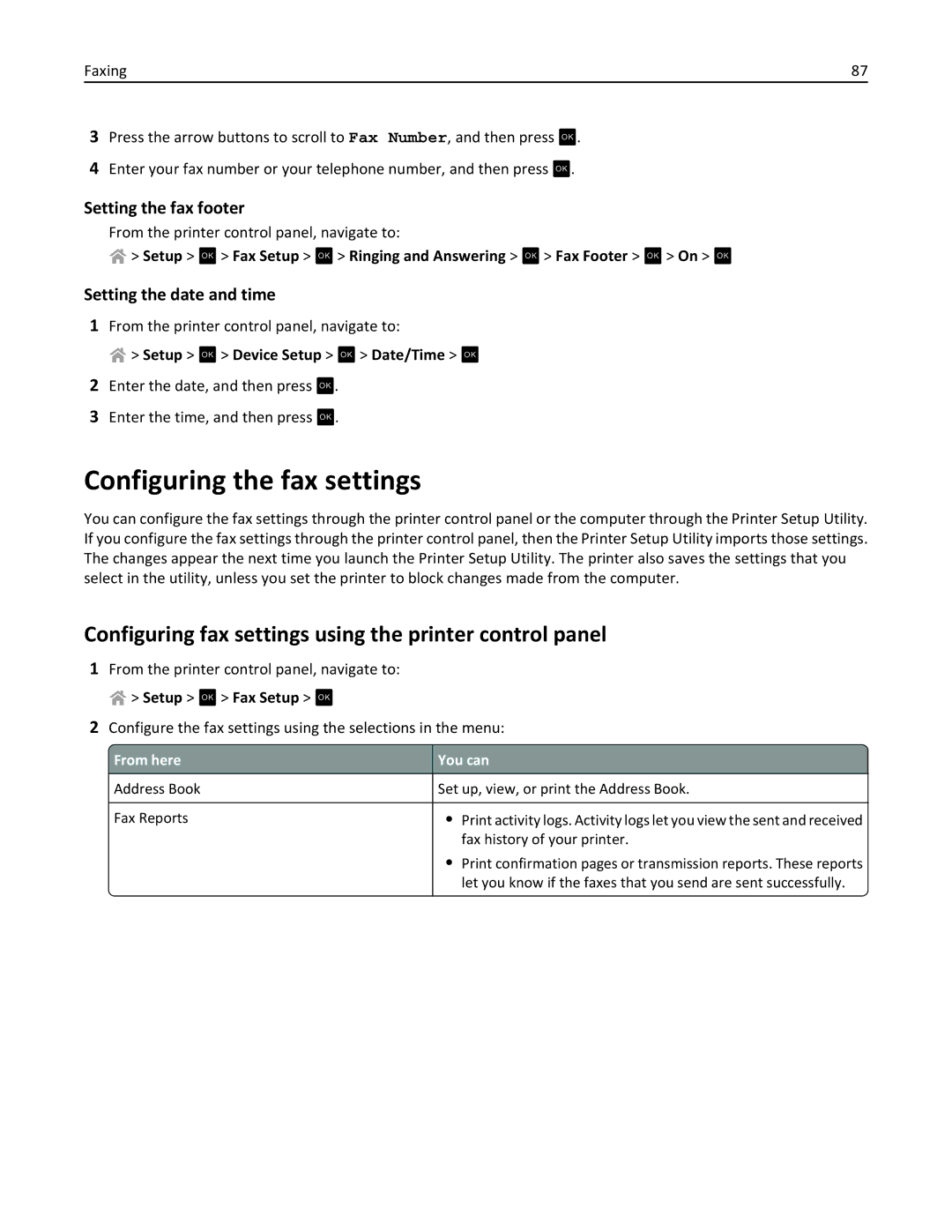 Lexmark PRO4000C, 90P3000 manual Configuring the fax settings, Configuring fax settings using the printer control panel 