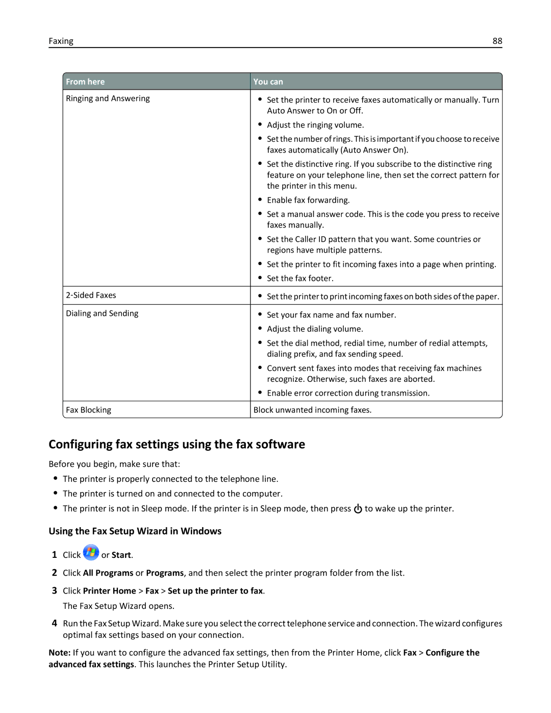 Lexmark PRO4000 Configuring fax settings using the fax software, Using the Fax Setup Wizard in Windows, From here You can 