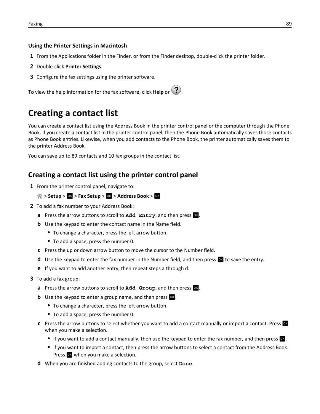 Lexmark 90P3000 manual Creating a contact list using the printer control panel, Using the Printer Settings in Macintosh 