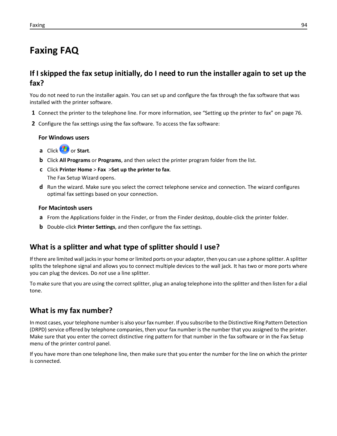 Lexmark PRO4000C manual Faxing FAQ, What is a splitter and what type of splitter should I use?, What is my fax number? 