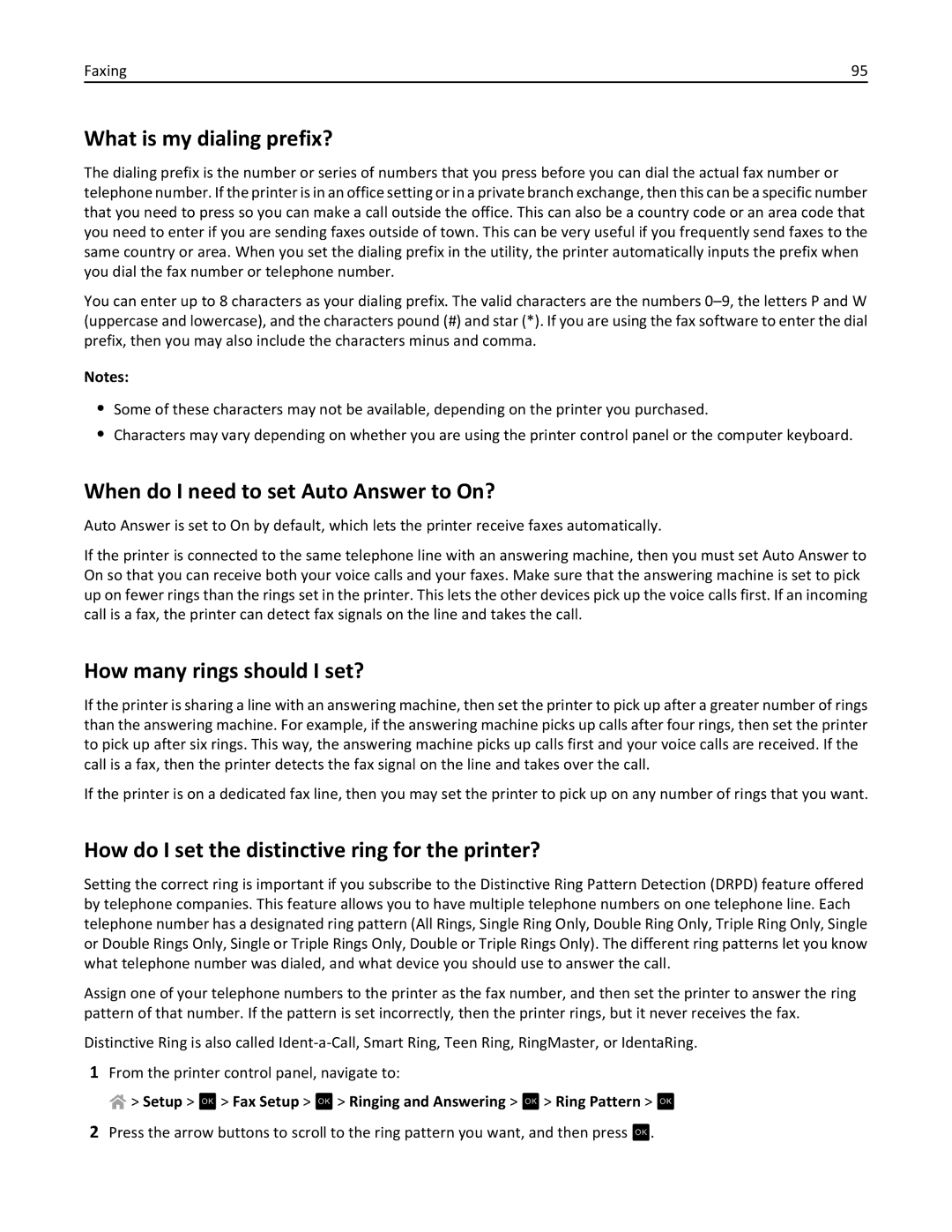 Lexmark 90P3000 manual What is my dialing prefix?, When do I need to set Auto Answer to On?, How many rings should I set? 
