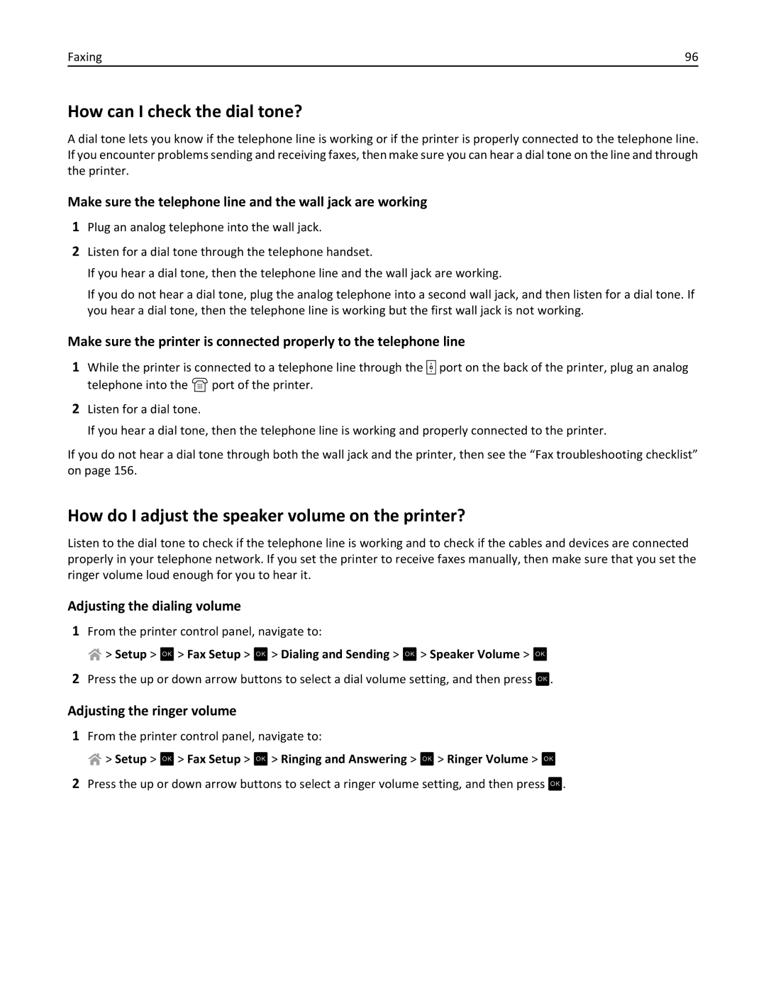 Lexmark PRO4000C, 90P3000 manual How can I check the dial tone?, How do I adjust the speaker volume on the printer? 