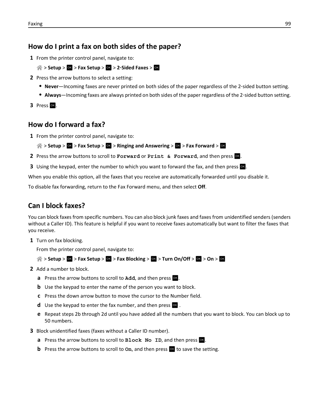 Lexmark PRO4000C, 90P3000 How do I print a fax on both sides of the paper?, How do I forward a fax?, Can I block faxes? 