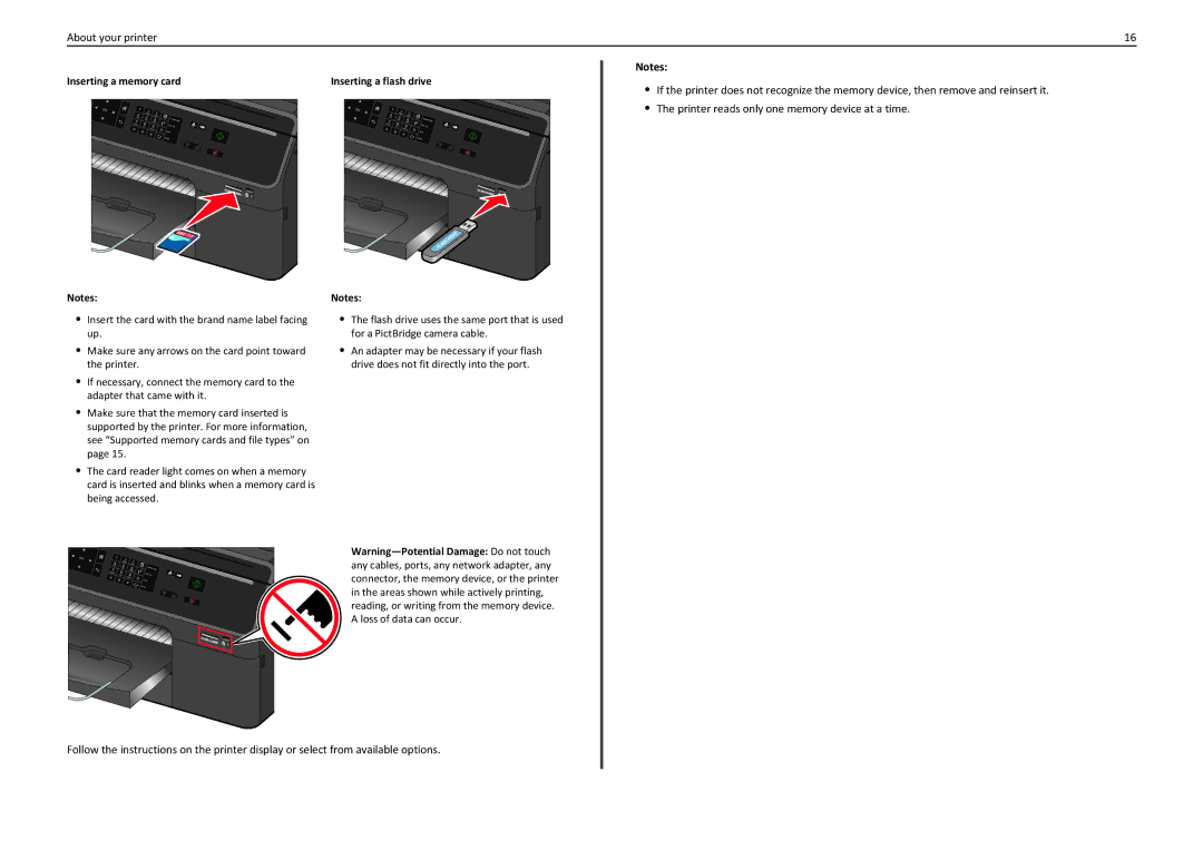 Lexmark PRO4000C manual Inserting a memory card, Inserting a flash drive 