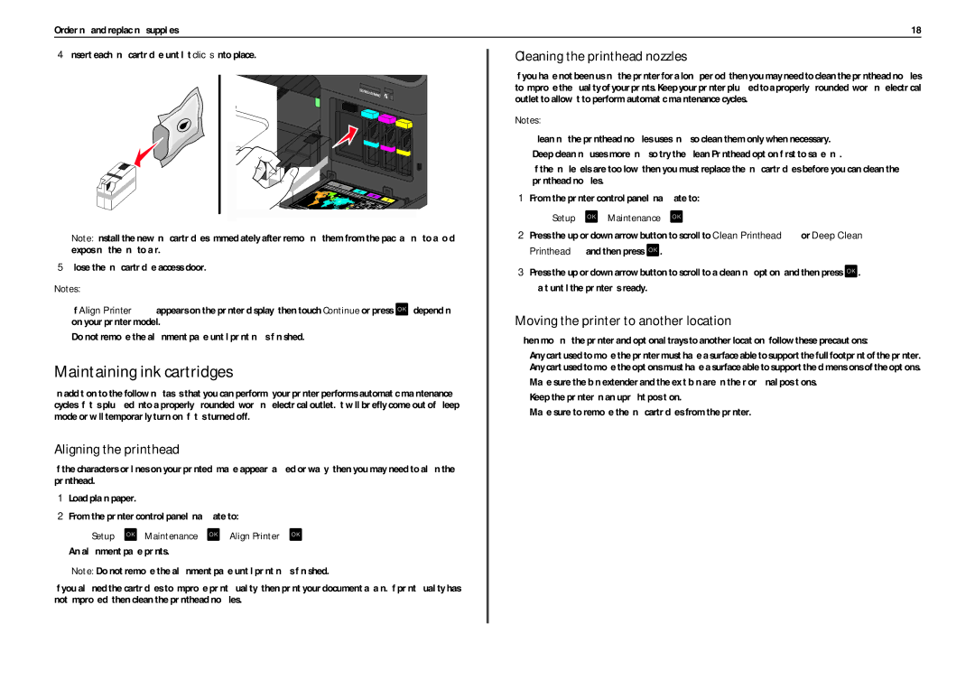 Lexmark PRO4000C manual Maintaining ink cartridges, Aligning the printhead, Cleaning the printhead nozzles 