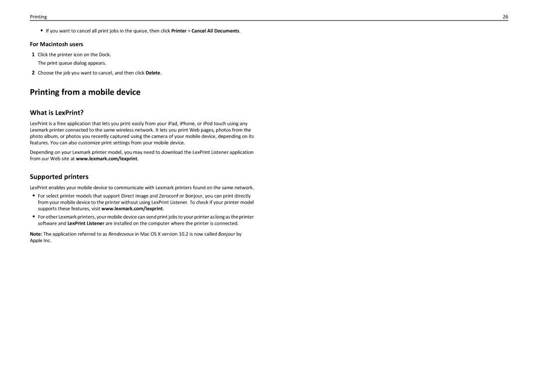 Lexmark PRO4000C manual Printing from a mobile device, What is LexPrint?, Supported printers, Apple Inc 