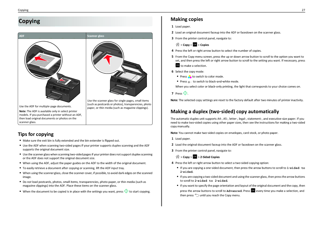 Lexmark PRO4000C manual Copying, Making copies, Making a duplex two‑sided copy automatically, Tips for copying 