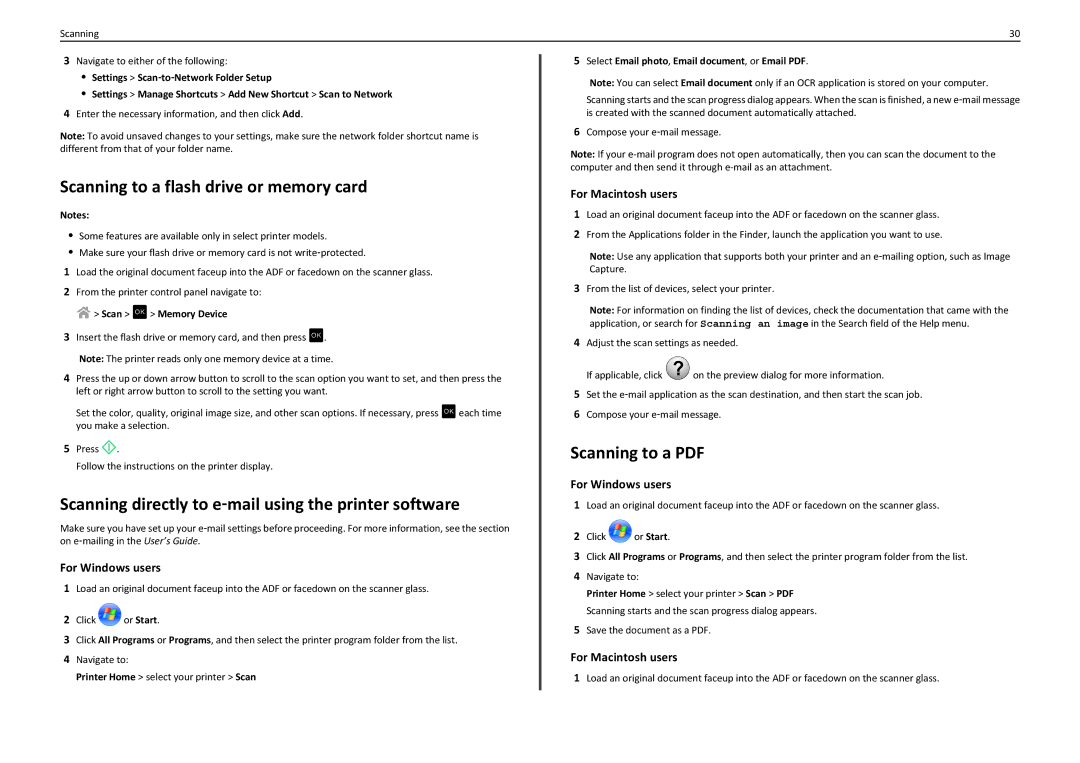 Lexmark PRO4000C manual Scanning to a flash drive or memory card, Scanning directly to e‑mail using the printer software 