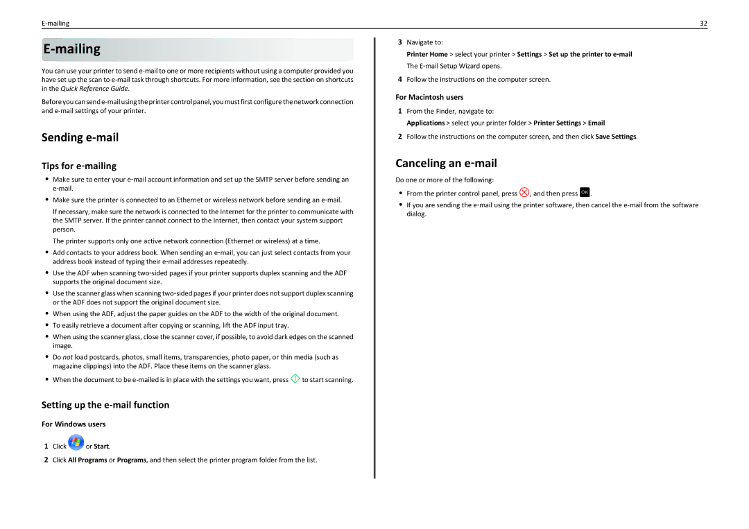 Lexmark PRO4000C manual Sending e-mail, Canceling an e‑mail, Tips for e‑mailing, Setting up the e-mail function 